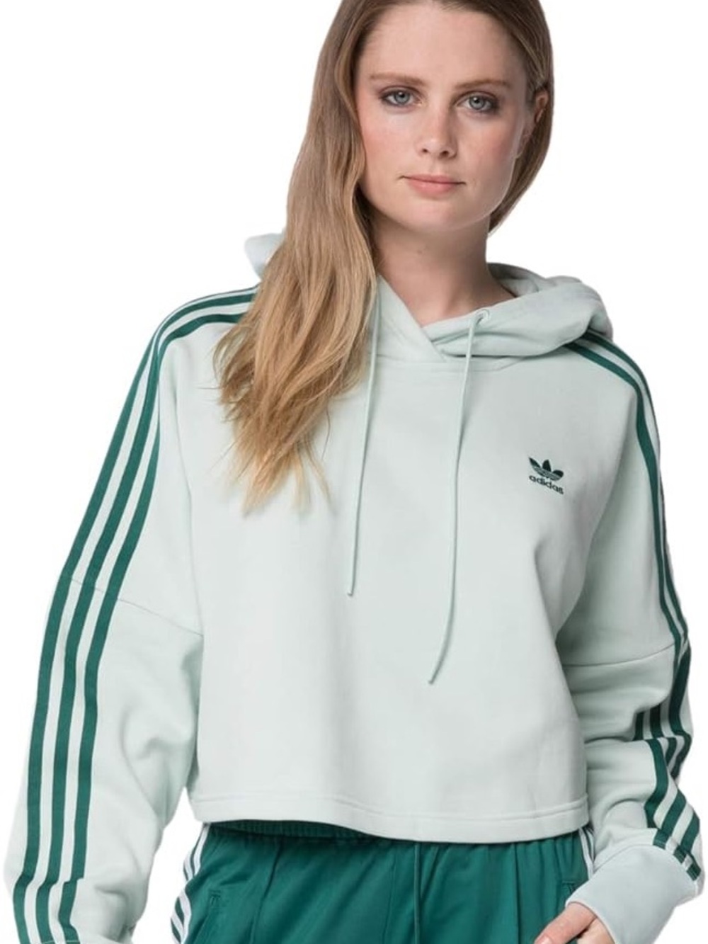 Adidas Women’s vapor Green Cropped Hoodie with Dark Green Stripes Sz XL